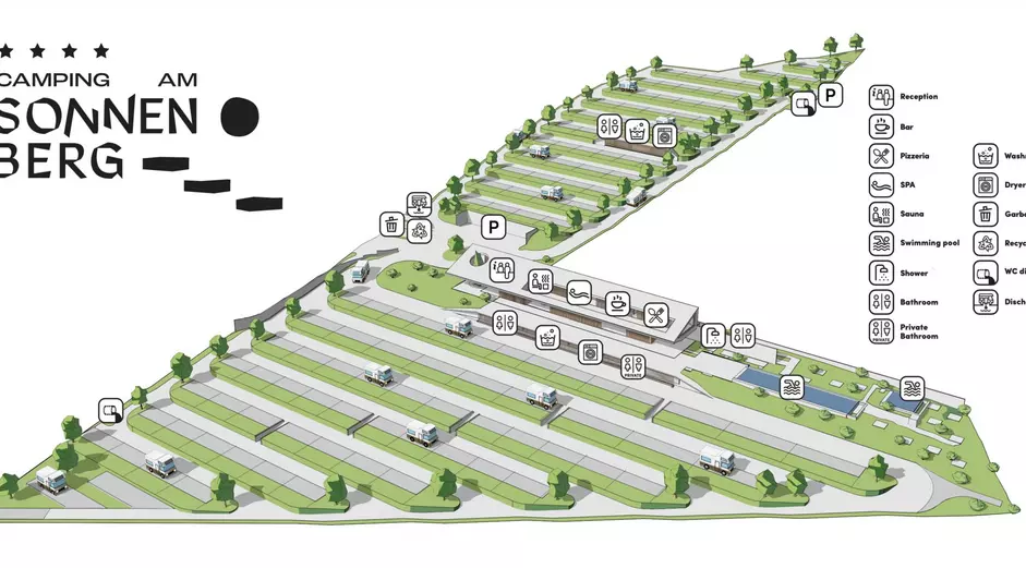 Mappa del Camping am Sonnenberg con piazzole, piscine e strutture